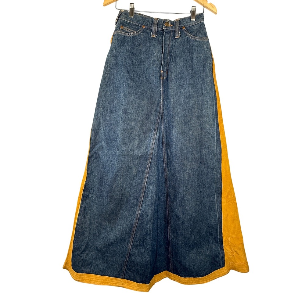 Big Blue Denim Maxi Skirt Women 26 Blue Excellent Vintage 70s Suede Trim A-Line